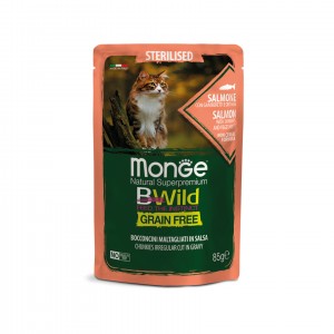 Беззернові паучі для котів MONGE BWILD Grain Free WET Sterilised лосось з креветками та овочами 85г