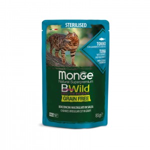 Беззернові паучі для котів MONGE BWILD Grain Free WET Sterilised тунець з креветками та овочами 85г