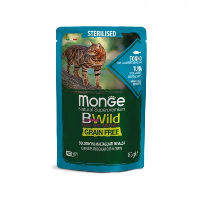 Беззернові паучі для котів MONGE BWILD Grain Free WET Sterilised тунець з креветками та овочами 85г