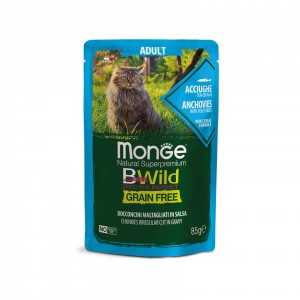 Беззернові паучі для котів MONGE BWILD Grain Free WET анчоус з овочами 85г