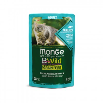 Беззернові паучі для котів MONGE BWILD Grain Free WET тріска з креветками та овочами 85г