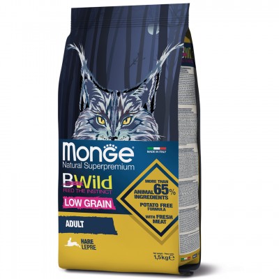 Низкозерновой корм для кошек MONGE BWILD LOW GRAIN мясо зайца 1,5кг