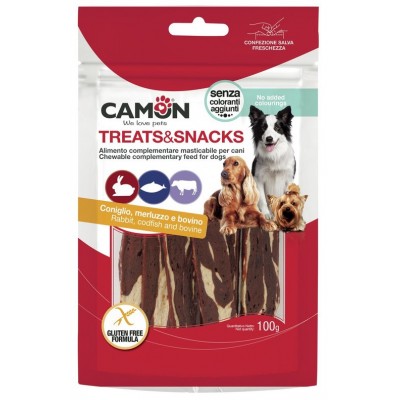 Лакомство для собак Camon - Treats & Snacks Закуска из крольчатины, трески и сыромятной кожи, 12см - 80г