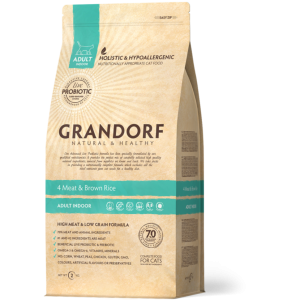 АКЦИЯ Grandorf Living Probiotics 4 Meat and Brown rice Indoor - Грандорф Индор Сухой корм для взрослых кошек 4 вида мяса 2 кг + 400г в подарок