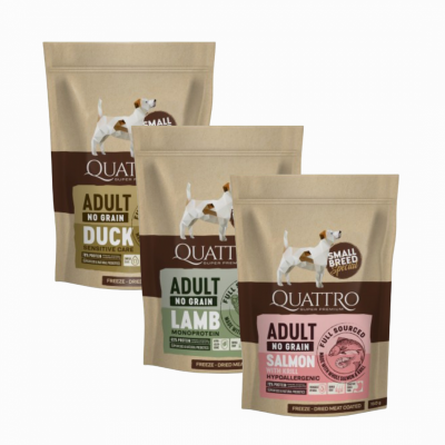 Quattro Adult Duck, Lamb, Salmon Small Breed Сухой корм для взрослых собак мелких пород с уткой, ягненком и лососем 150г*3 вкуса