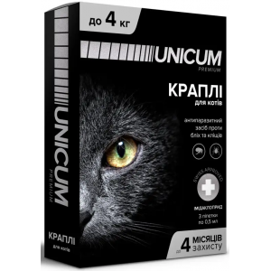 Unicum premium - капли для кошек до 4кг против блох и клещей на холку (упак.3шт.)