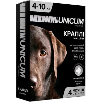 Unicum premium - капли для собак 4-10кг против блох и клещей на холку (упак.3шт.)