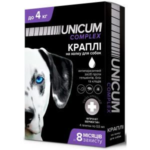 Unicum COMPLEX - капли для собак до 4кг против гельминтов, блох и клещей на холку (упак.4шт.)