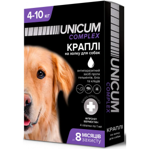 Unicum COMPLEX - капли для собак 4-10кг против гельминтов, блох и клещей на холку (упак.4шт.)